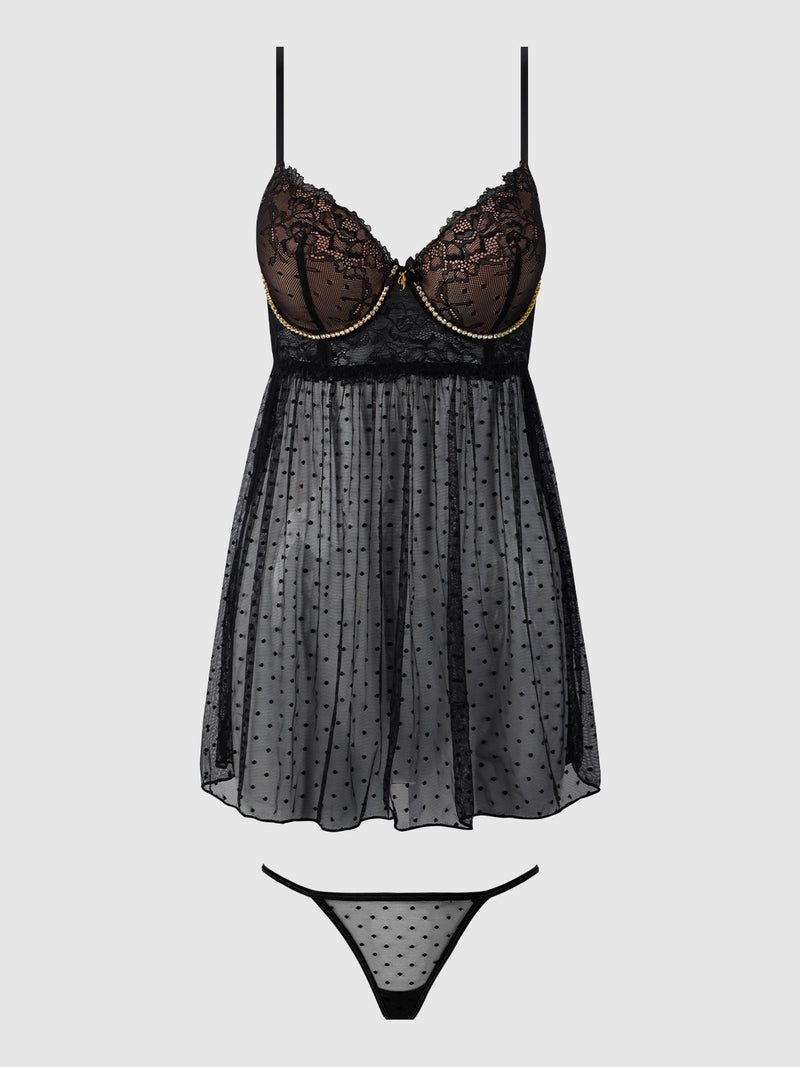 Elizabeth Lace & Rhinestone Push Up Babydoll & G-String - Frederick's of Hollywood