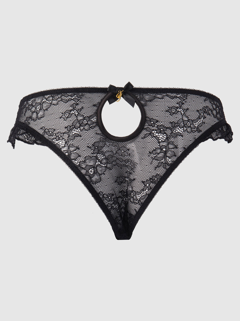 The Frederick's of Hollywood Luella Lace Keyhole Back Hipster features black lace with a front circular cutout, accented by a small black bow and gold detail, shown against a plain light background.
