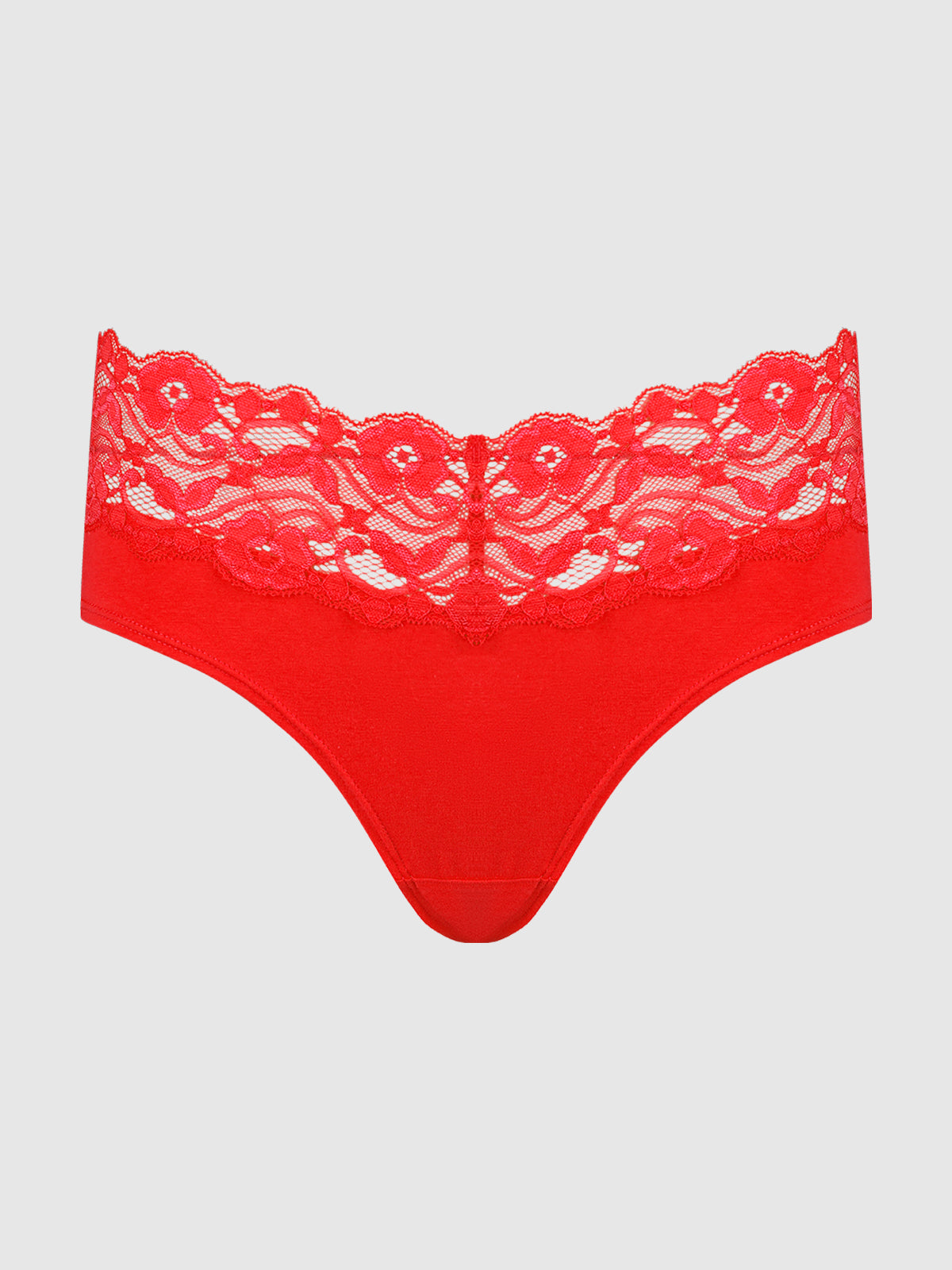 The Bridget Cotton & Lace Hipster by Frederick's of Hollywood features bright red lace with a wide, semi-sheer floral band atop a solid cotton lower section, offering everyday comfort and shown on a plain light gray background.