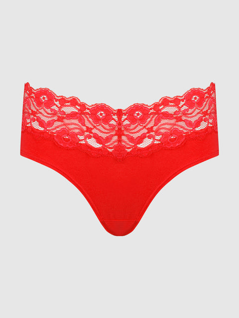 The Bridget Cotton & Lace Hipster by Frederick's of Hollywood features bright red lace with a wide, semi-sheer floral band atop a solid cotton lower section, offering everyday comfort and shown on a plain light gray background.