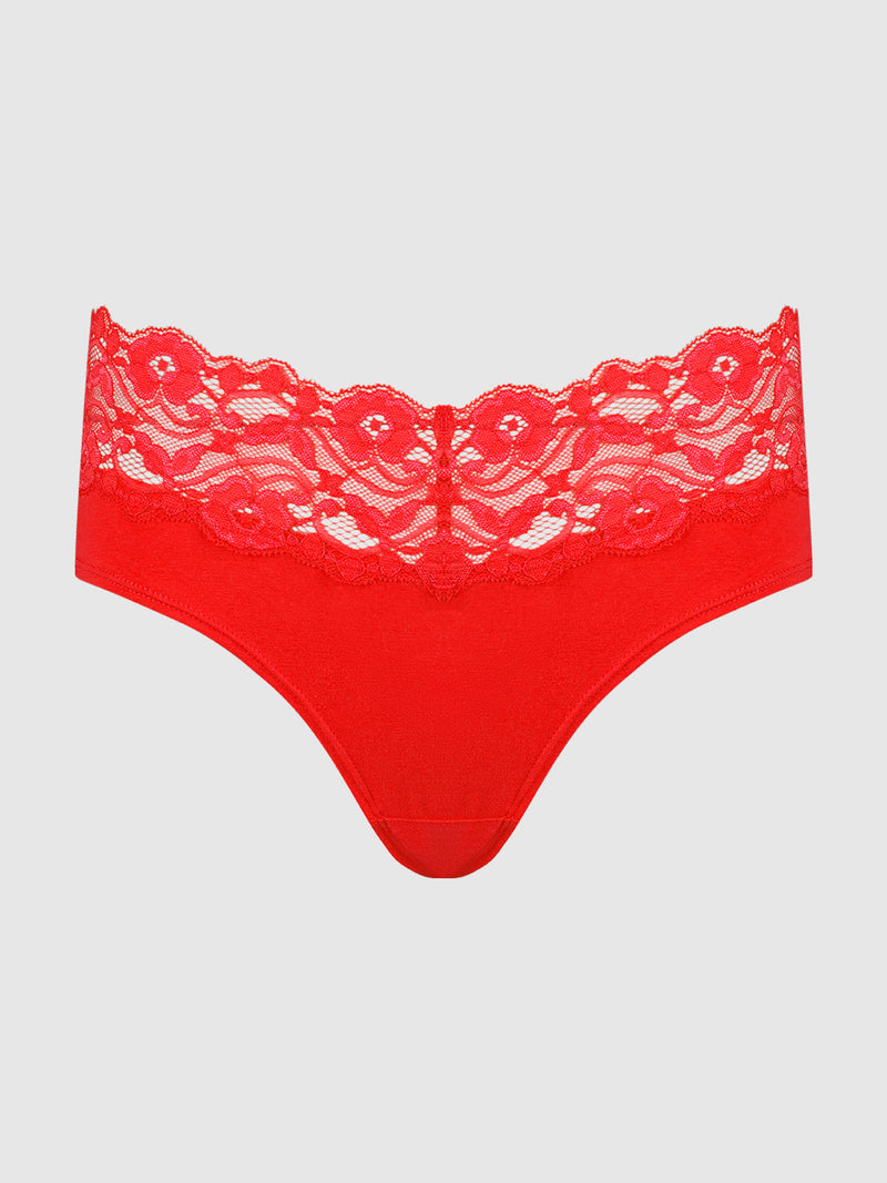 The Bridget Cotton & Lace Hipster by Frederick's of Hollywood features bright red lace with a wide, semi-sheer floral band atop a solid cotton lower section, offering everyday comfort and shown on a plain light gray background.