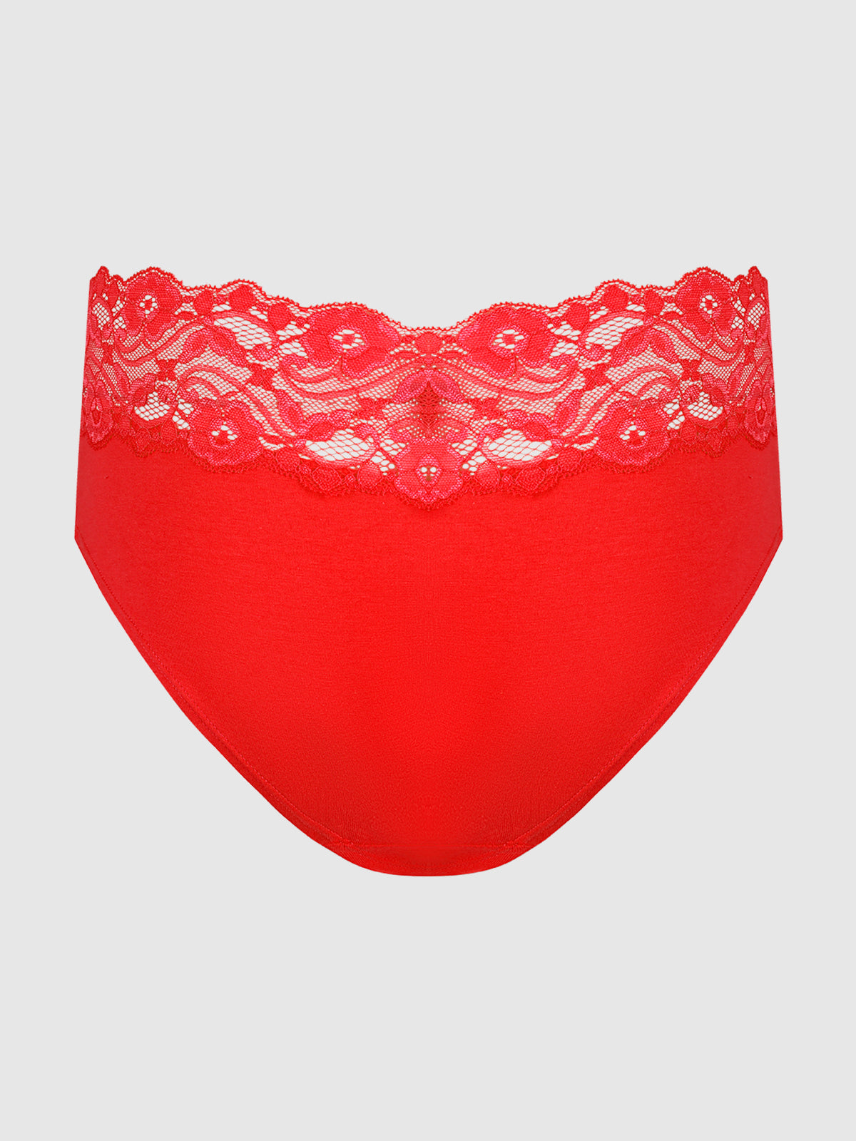 The Bridget Cotton & Lace Hipster by Frederick's of Hollywood features a wide lace waistband and floral lace trim, offering everyday comfort in red, shown against a light gray background.