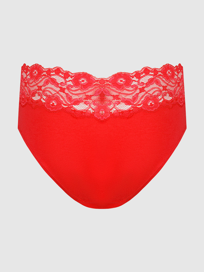 The Bridget Cotton & Lace Hipster by Frederick's of Hollywood features a wide lace waistband and floral lace trim, offering everyday comfort in red, shown against a light gray background.