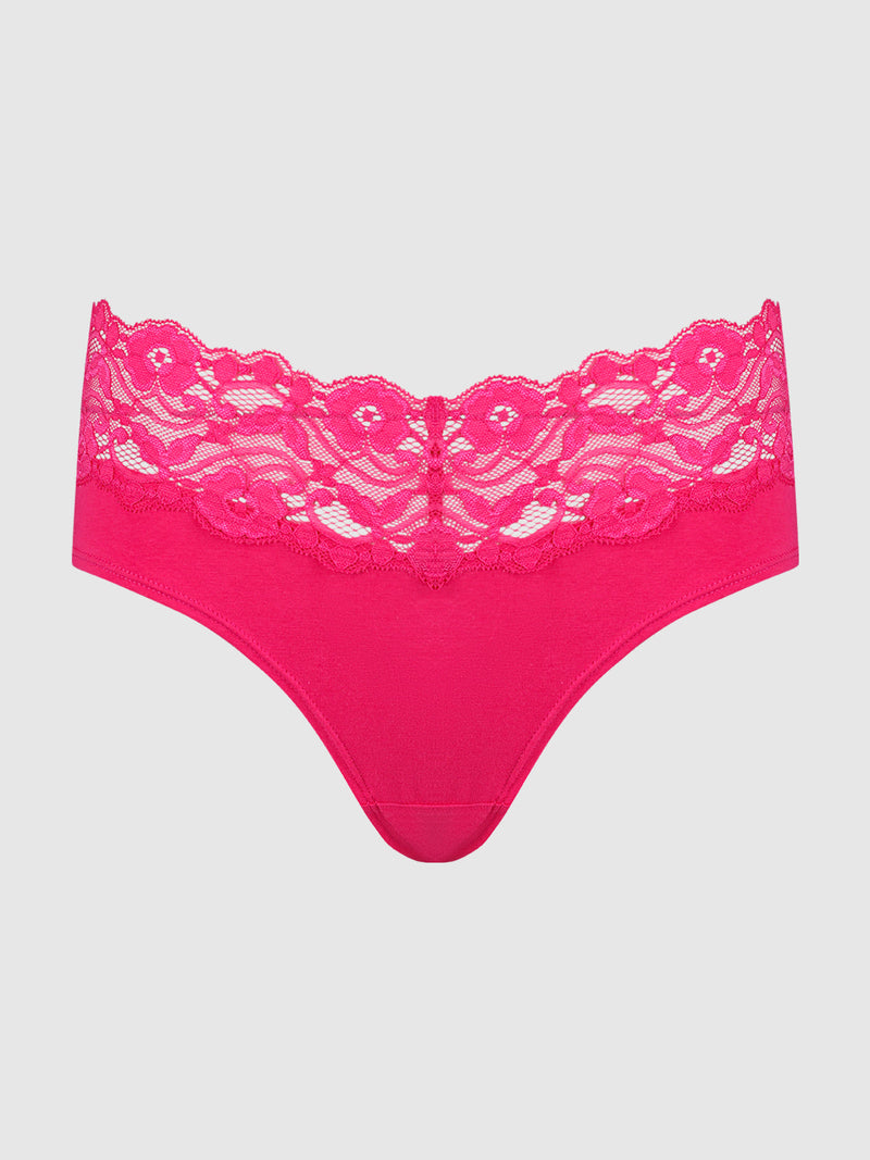The Bridget Cotton & Lace Hipster by Frederick's of Hollywood features bright pink lace with a wide waistband and seamless cotton lower section, offering everyday comfort, shown against a plain light background.