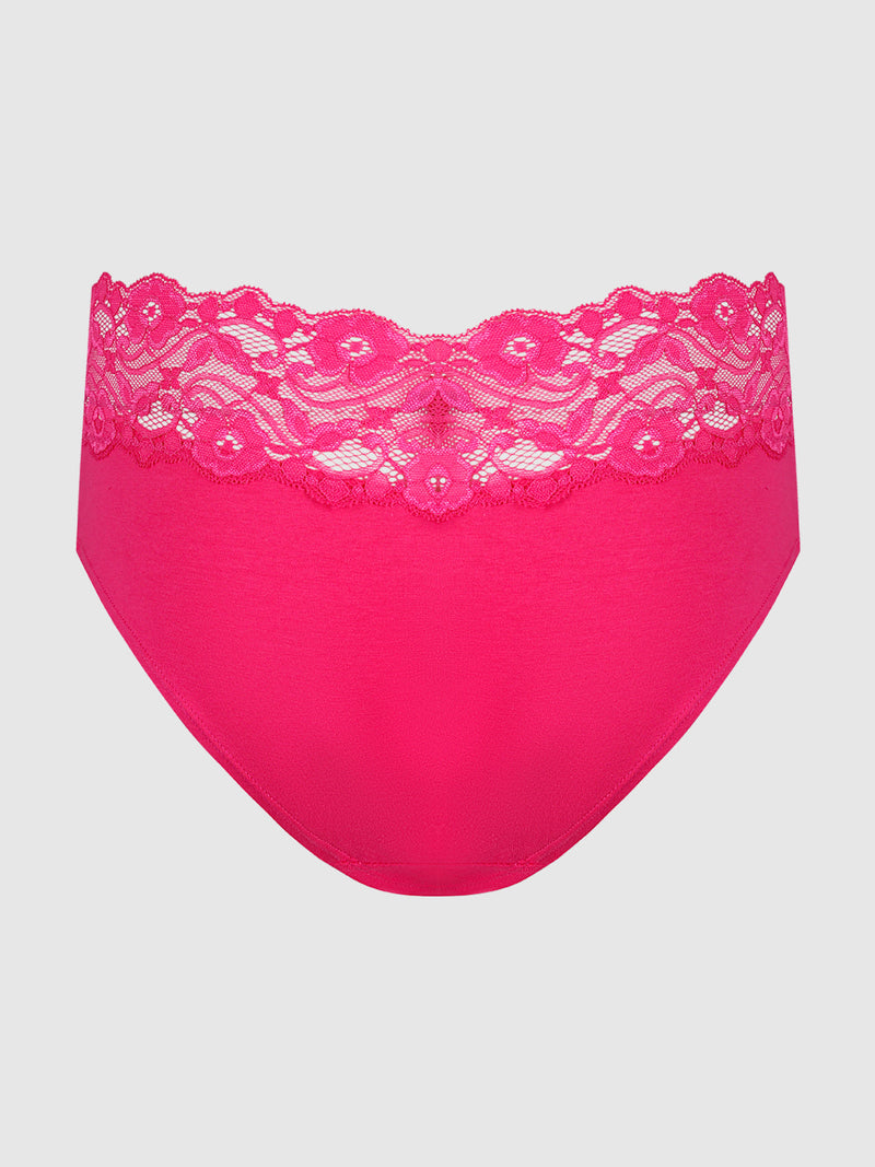 The Bridget Cotton & Lace Hipster by Frederick's of Hollywood features bright pink solid fabric with a wide, floral lace waistband, offering everyday comfort and style, shown against a light gray background.