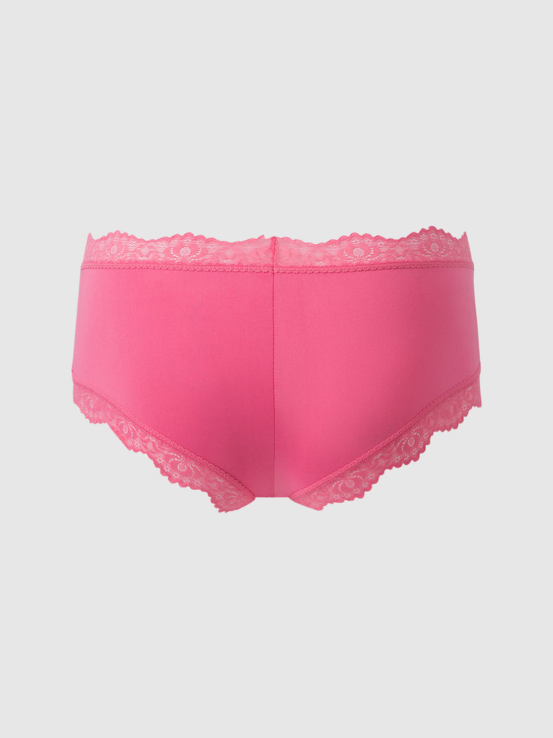 The Jenna Micro Cheeky by Frederick's of Hollywood is a bright pink cheeky panty for women with lace trim at the waistband and leg openings, shown from the back against a plain, light gray background.