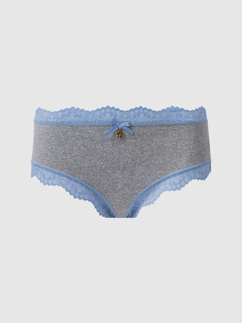The Frederick's of Hollywood Jenna Micro Cheeky is a gray women's panty with light blue lace trim, a blue bow, and gold charm at the front. This silky-soft style offers comfort and elegance.