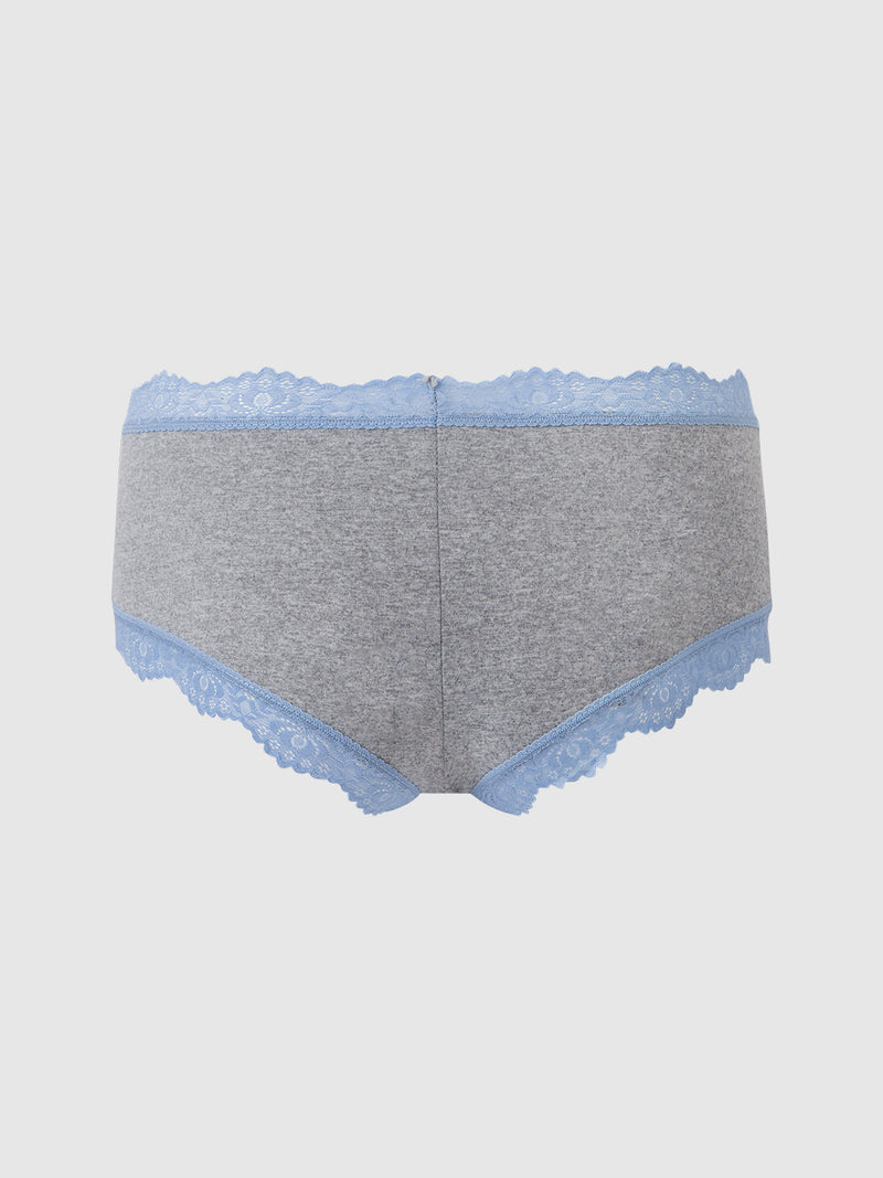 The Frederick's of Hollywood Jenna Micro Cheeky panty for women features silky-soft gray fabric with light blue lace trim at the waistband and leg openings, shown from the back on a plain white background.