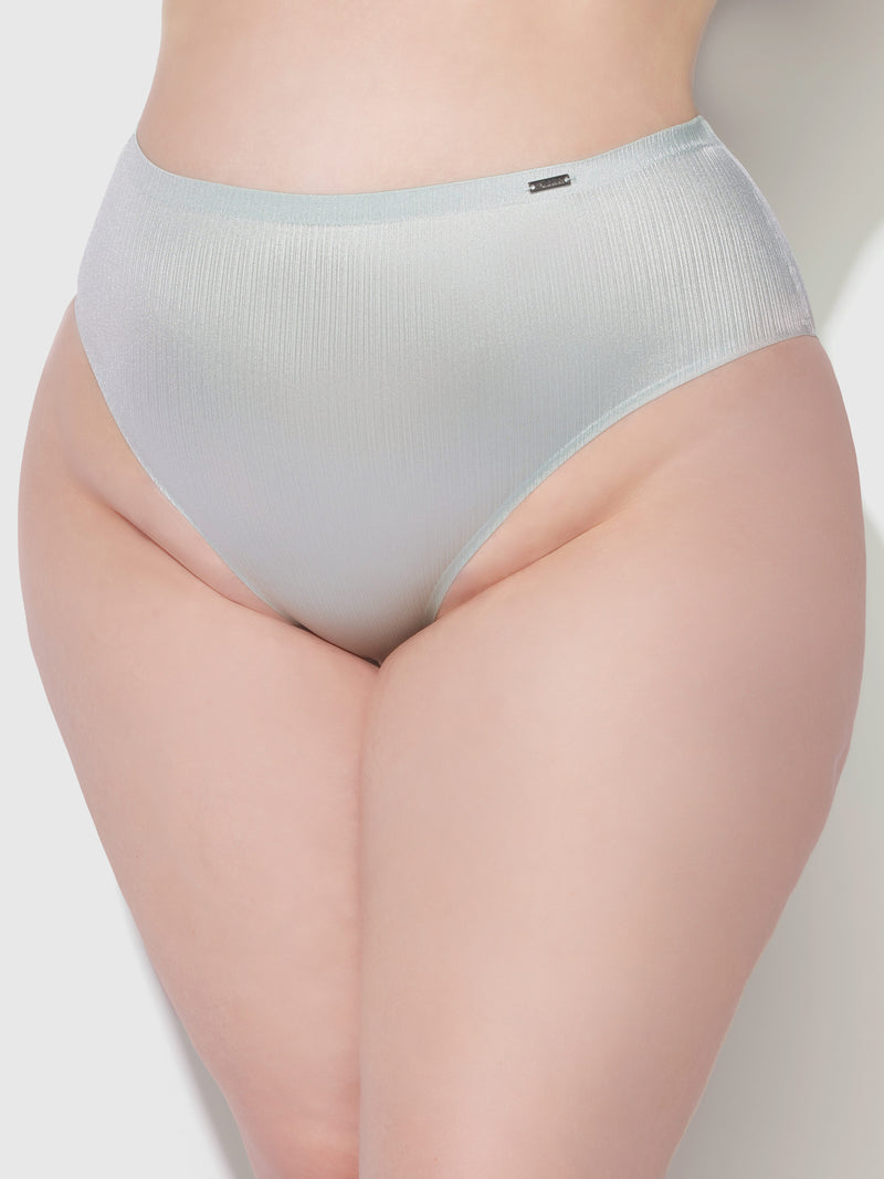 A close-up of a person wearing Frederick's of Hollywood Mira Shimmer Micro Laser Bonded Hipster, highlighting the lower torso and upper thighs against a plain white background.
