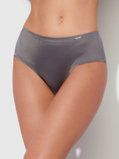 A model wears the Frederick's of Hollywood Mira Shimmer Micro Laser Bonded Hipster in metallic gray, high-waisted and crafted from shimmering fabric, shown from mid-torso to upper thighs against a plain light background.