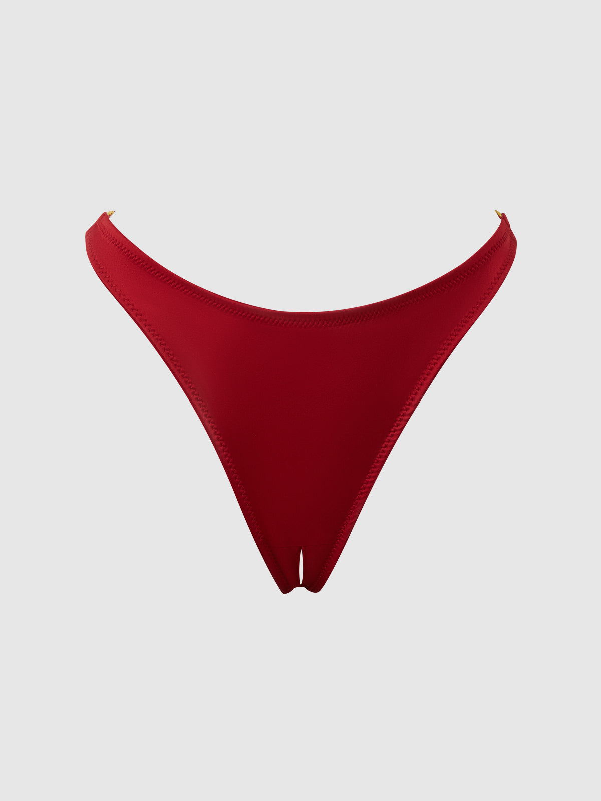The Petra Crotchless Satin Tanga by Frederick's of Hollywood, a high-cut red bikini bottom, is displayed on a plain light gray background.