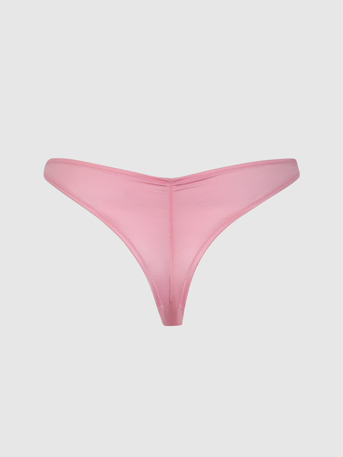 The Frederick's of Hollywood Rising Star Liquid Satin Crotchless Tanga is a pink thong-style underwear in sheer fabric, shown against a plain light gray background.