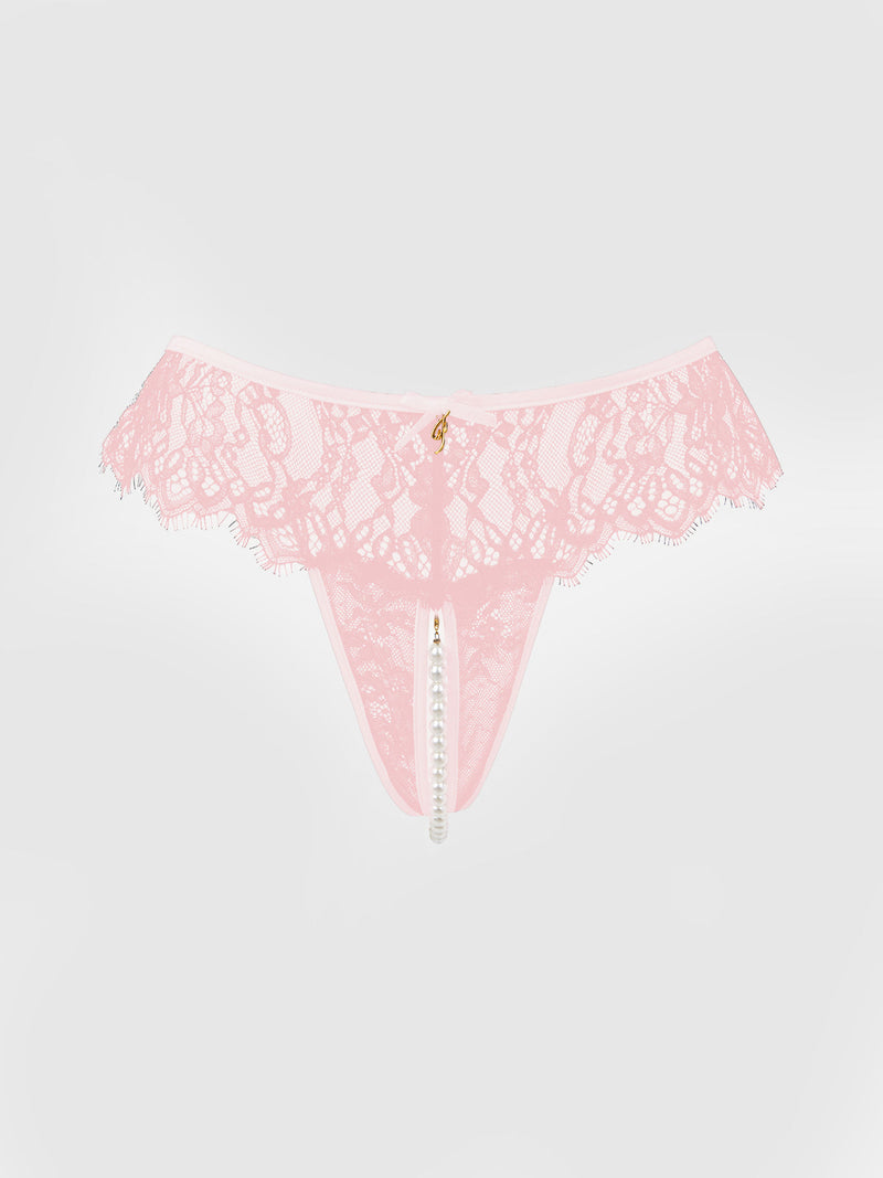 The Rosalind Lace & Pearl Crotchless Thong by Frederick's of Hollywood features light pink lace, a crotchless design, removable pearls, and a small gold accent at the center front, shown against a white background.