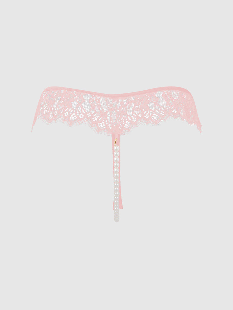 The Frederick's of Hollywood Rosalind Lace & Pearl Crotchless Thong features delicate pink lace and a pearl strand detail, creating a sexy look, and is shown against a plain white background.