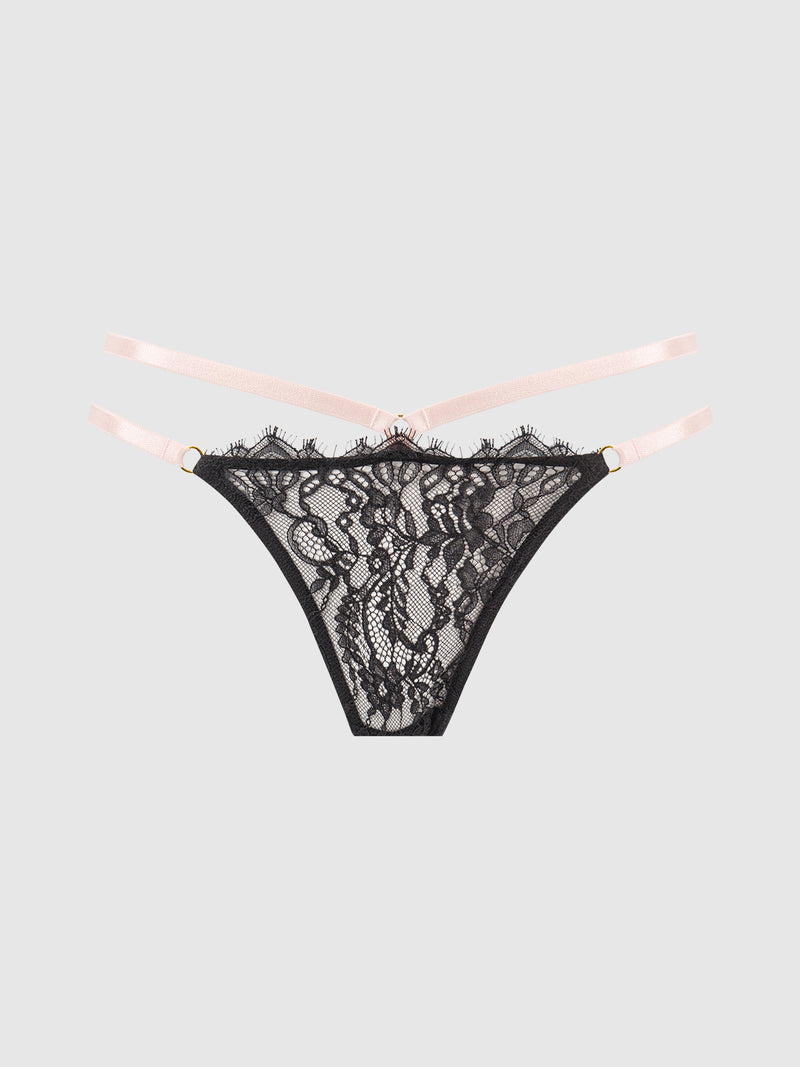 Rising Star Lace & Liquid Satin Double Strap Crotchless Thong - Frederick's Of Hollywood