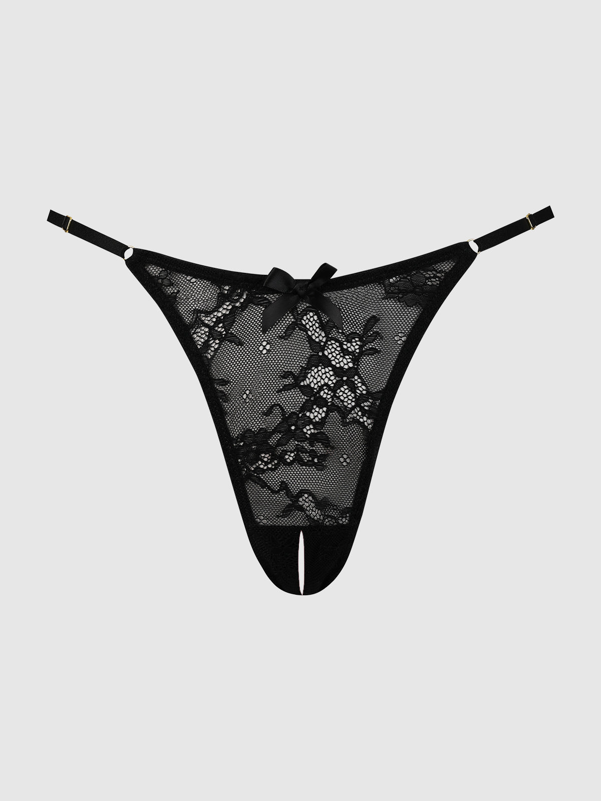 The Pia Lace Crotchless Side Slider Thong by Frederick's of Hollywood features black lace, adjustable straps, and a small front bow, shown on a plain light gray background.