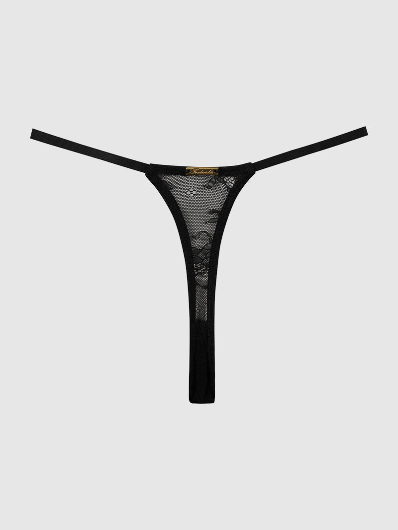 The Pia Lace Crotchless Side Slider Thong by Frederick's of Hollywood features black mesh, thin straps, and a gold-colored detail at the waistband, shown against a plain light gray background.