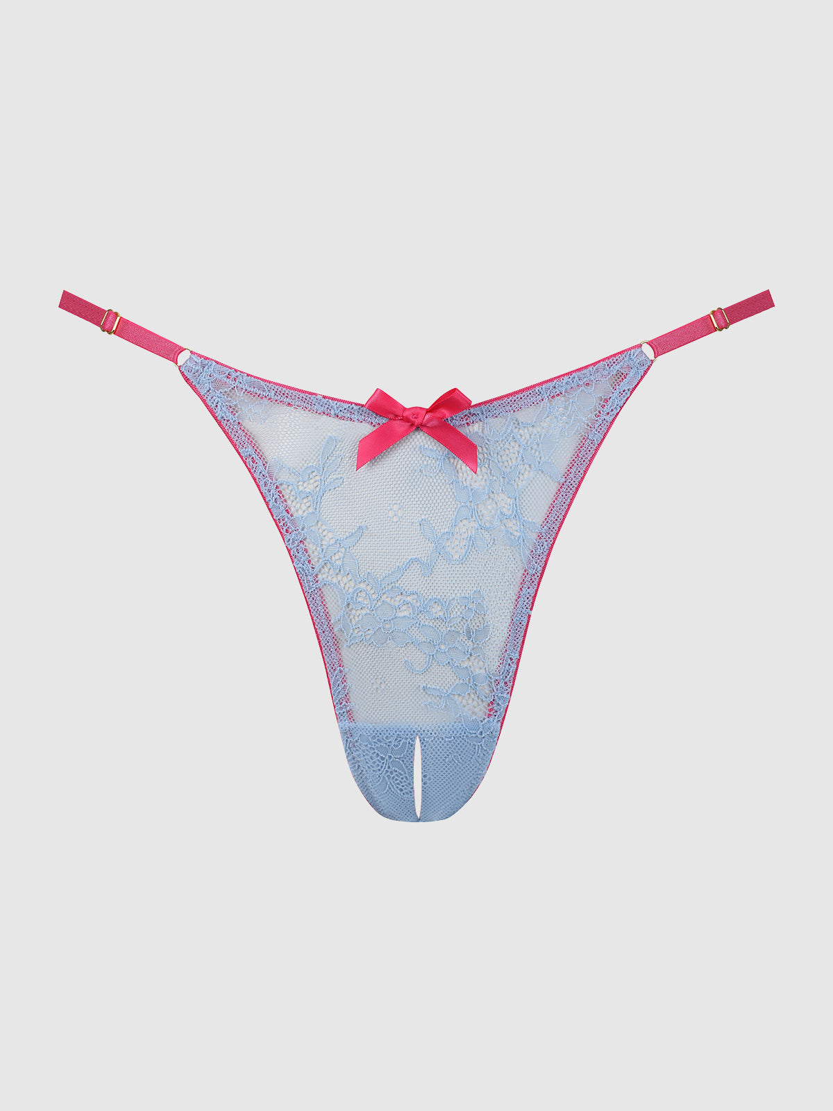 The Pia Lace Crotchless Side Slider Thong by Frederick's of Hollywood is a blue lace thong with pink straps, a pink center bow, floral pattern, and adjustable sides, shown on a plain white background.