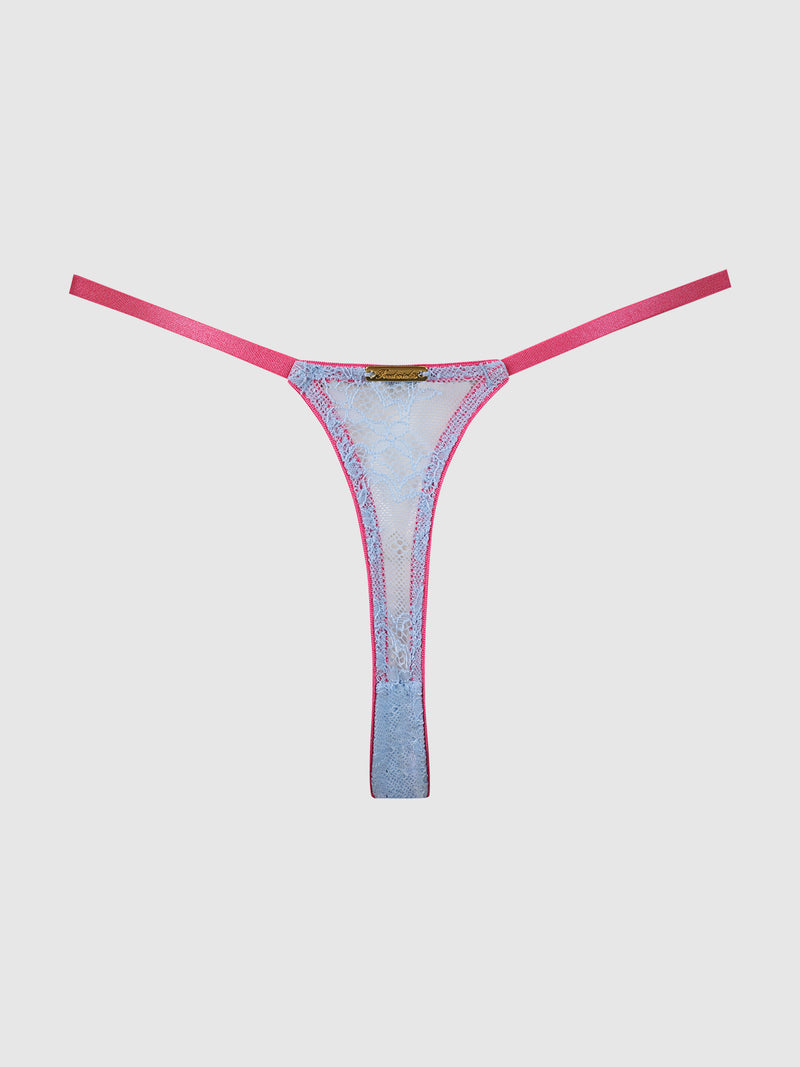 The Pia Lace Crotchless Side Slider Thong by Frederick's of Hollywood features blue lace, thin pink side straps, and a gold accent at the front, shown against a plain white background.