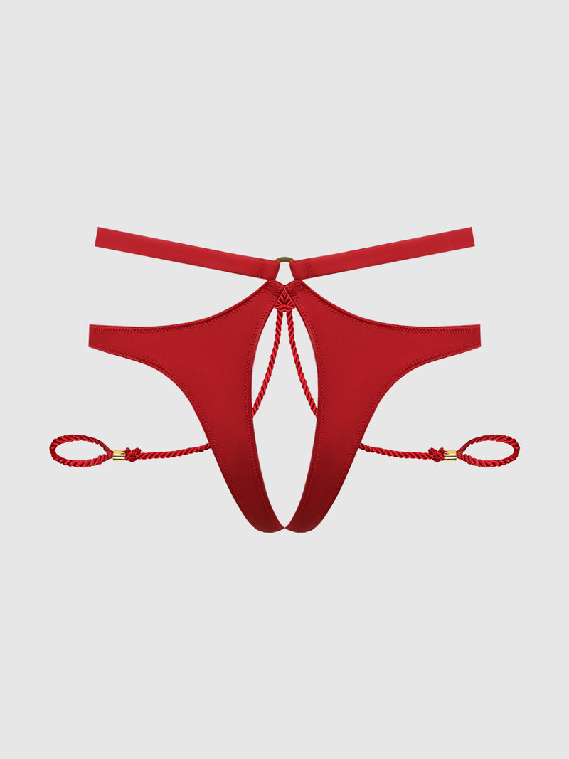 The Nadya Liquid Satin & Rope Crotchless & Hand Cuff Hipster by Frederick's of Hollywood features a red edgy design with cut-out details, thin waistband, and gold-accented rope side straps, shown on a plain light background.