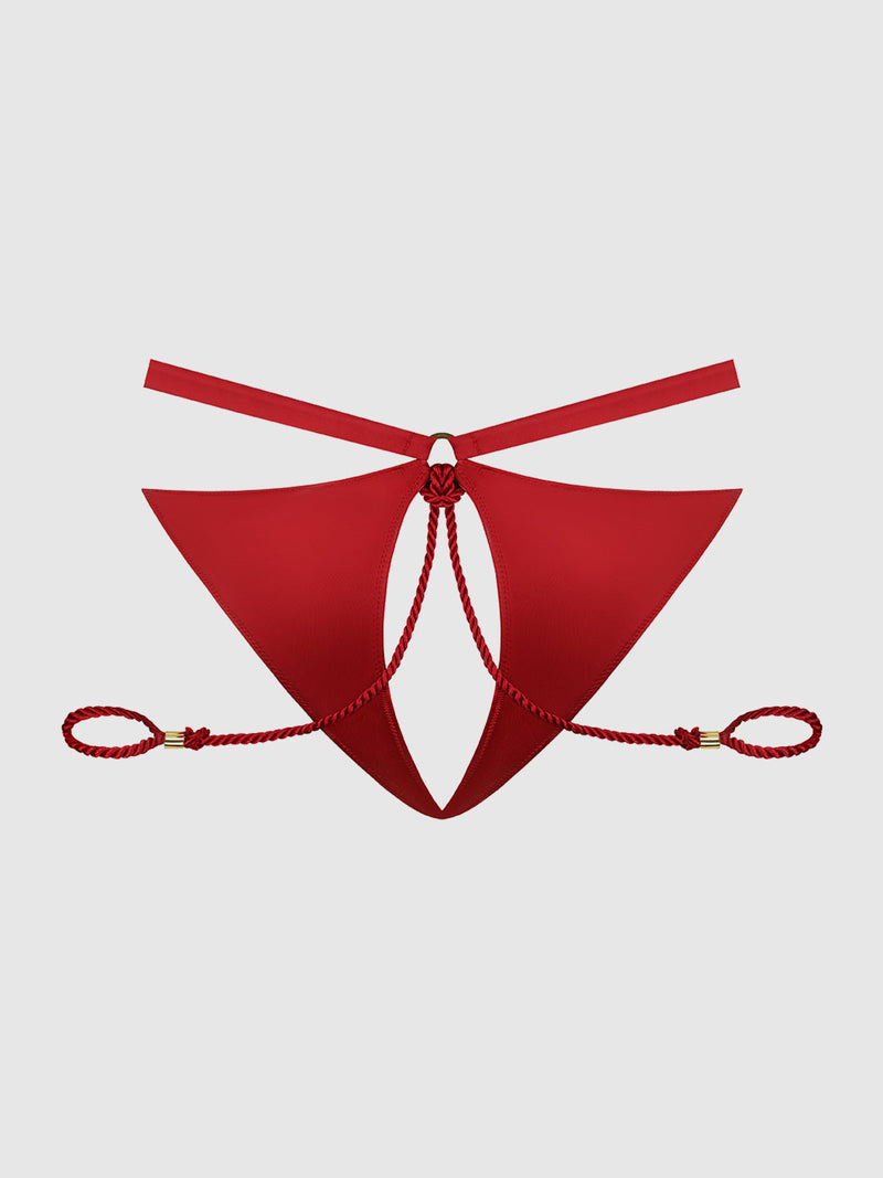 The Frederick's of Hollywood Nadya Liquid Satin & Rope Crotchless & Hand Cuff Hipster features red satin, braided cords, gold ring accents, and edgy strappy details, all showcased against a plain light gray background.