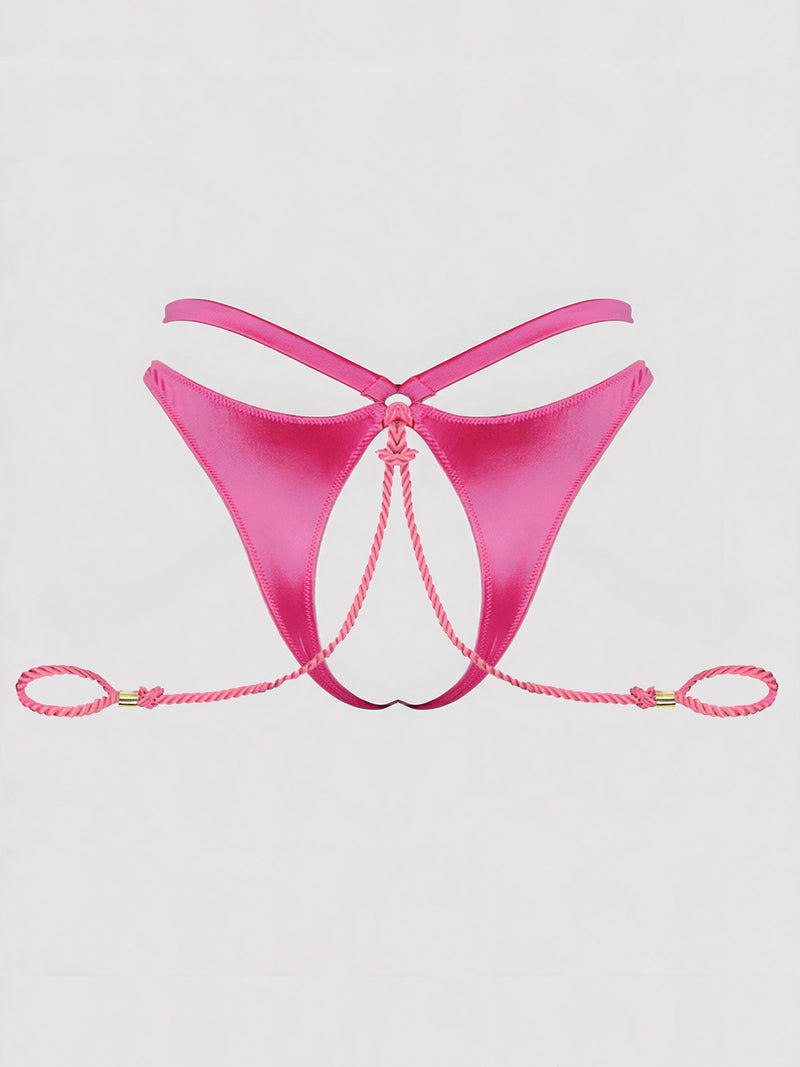 The Nadya Liquid Satin & Rope Crotchless & Hand Cuff Hipster by Frederick’s of Hollywood, featuring a pink cut-out design with a crisscross waistband and pink rope details on both sides, is displayed against a plain white background.