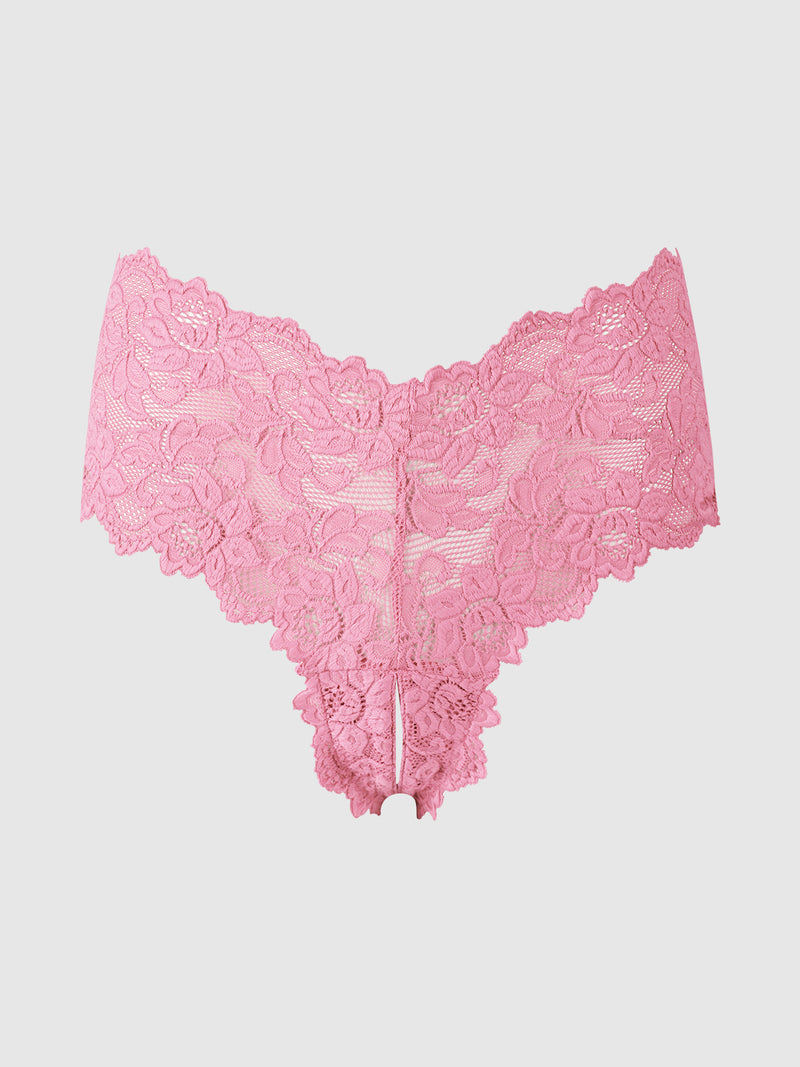 Jessica Lace Crotchless Cheeky pink stretch lace panties with an open crotch design.