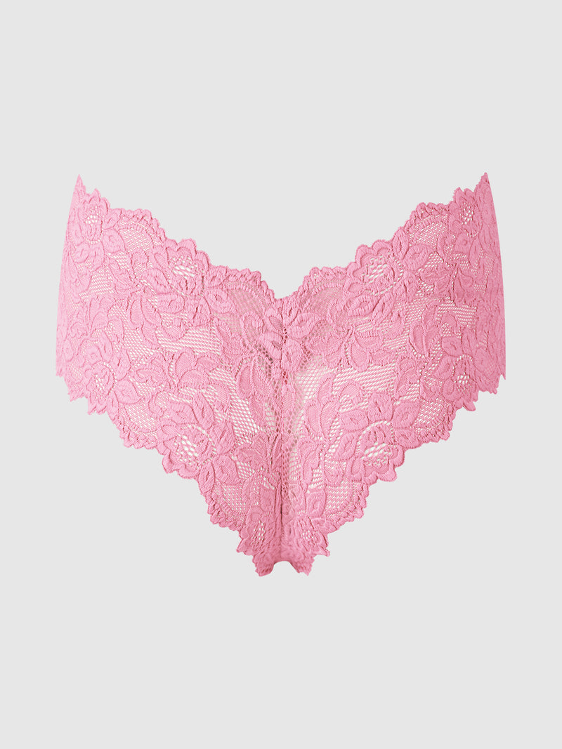 Pink stretch lace Jessica Lace Crotchless Cheeky panties with an open crotch.
