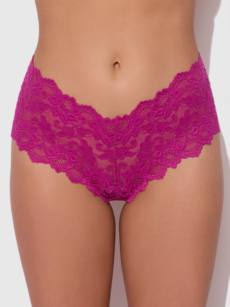 Fuchsia stretch lace Jessica Lace Crotchless Cheeky panties with an open crotch design.