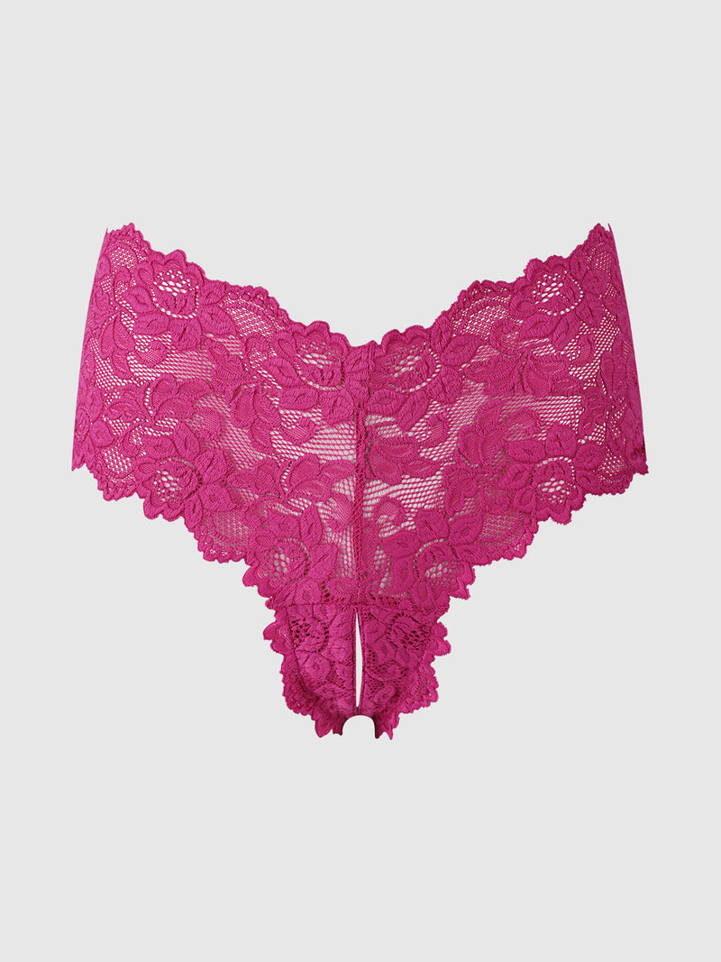 The Jessica Open Crotch Cheeky by Frederick’s of Hollywood, featuring bright pink floral lace with scalloped edges and a front keyhole detail, is displayed on a plain light background.