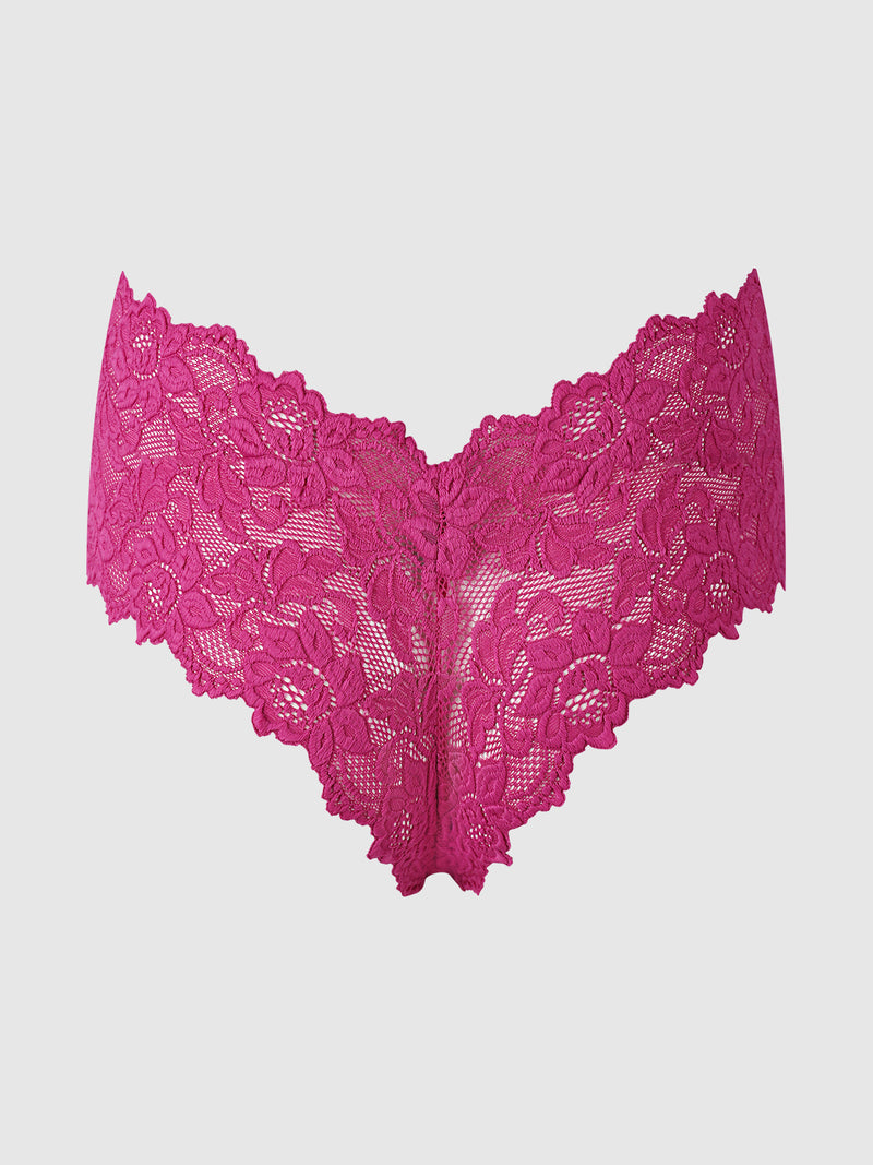 The Jessica Open Crotch Cheeky by Frederick’s of Hollywood is a bright pink women’s underwear with a floral lace pattern, featuring scalloped edges and semi-sheer fabric, displayed against a plain white background.