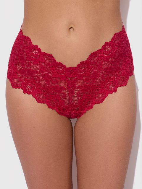 Red stretch lace Jessica Lace Crotchless Cheeky underwear with a scalloped waistband.