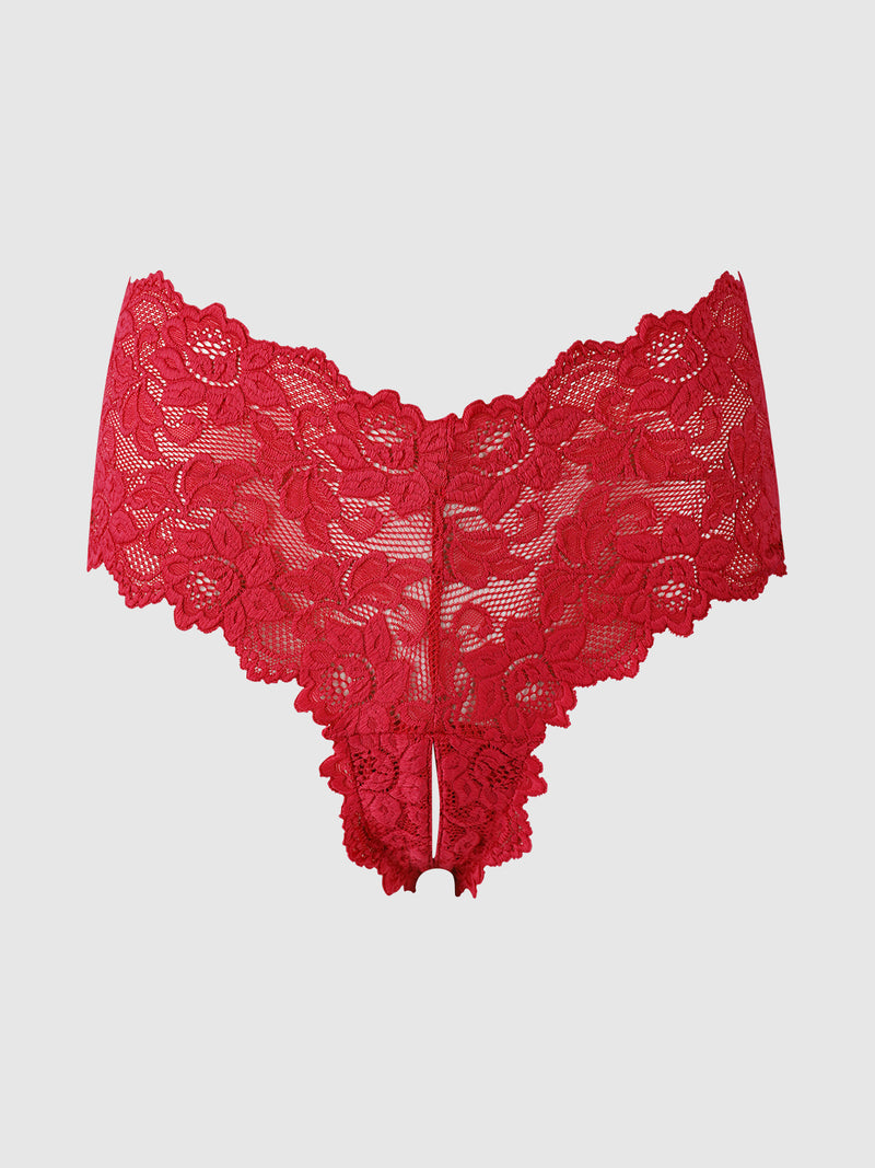 The Jessica Lace Crotchless Cheeky by Frederick’s of Hollywood is a red women’s underwear adorned with a floral pattern, showcased against a plain light gray background. This piece features scalloped edges and intricate semi-sheer detailing.