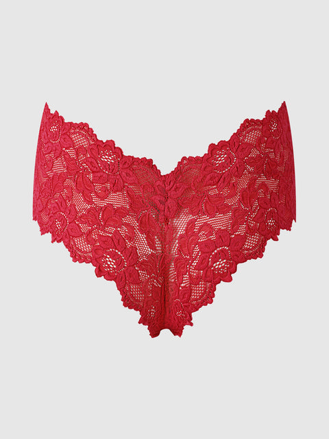 The Jessica Lace Crotchless Cheeky by Frederick’s of Hollywood is a red women’s panty with a floral lace pattern, showcased against a plain white background. This underwear features scalloped edges and a mid-rise cut.
