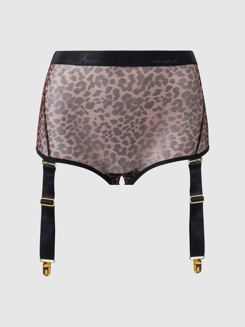 The Pia Mesh Cutout & High-Waist Garter Panty by Frederick's of Hollywood features a sheer leopard print with black trim, removable garter straps, and gold clasps, shown on a plain white background.