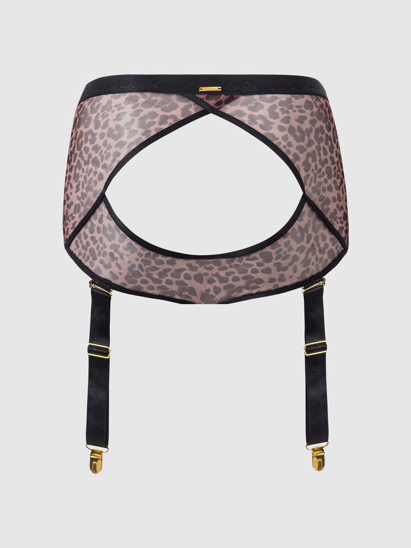 The Frederick's of Hollywood Pia Mesh Cutout & High-Waist Garter Panty features leopard print mesh with black trim, gold hardware, and removable garter straps—shown paired with matching panties on a plain white background.