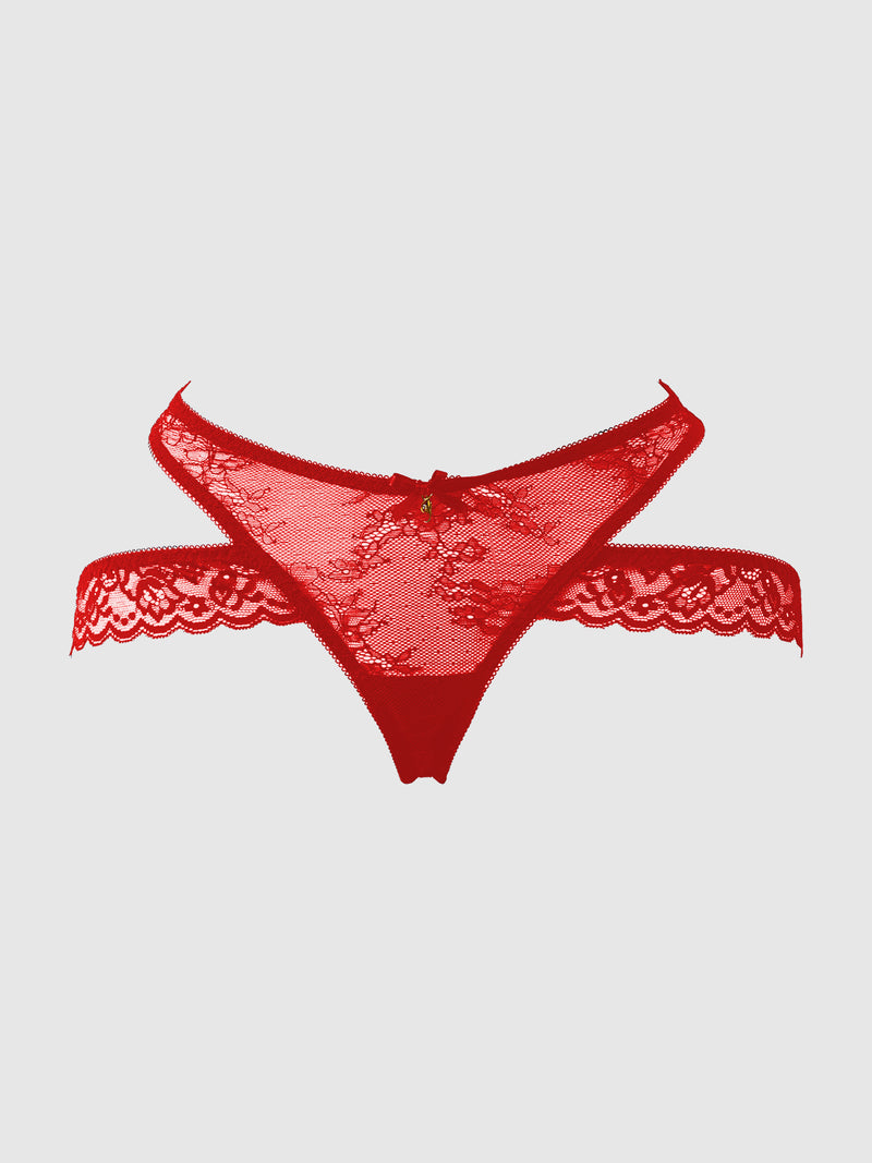 The Chiara Strappy & Backless Thong by Frederick's of Hollywood features vibrant red lace, side cut-out straps, and a delicate center bow accent, showcased against a plain white background.