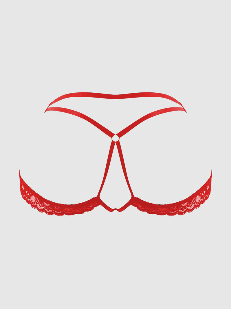 The Frederick's of Hollywood Chiara Strappy & Backless Thong features vibrant red lace with strappy accents and a central ring detail, showcased against a plain white background.