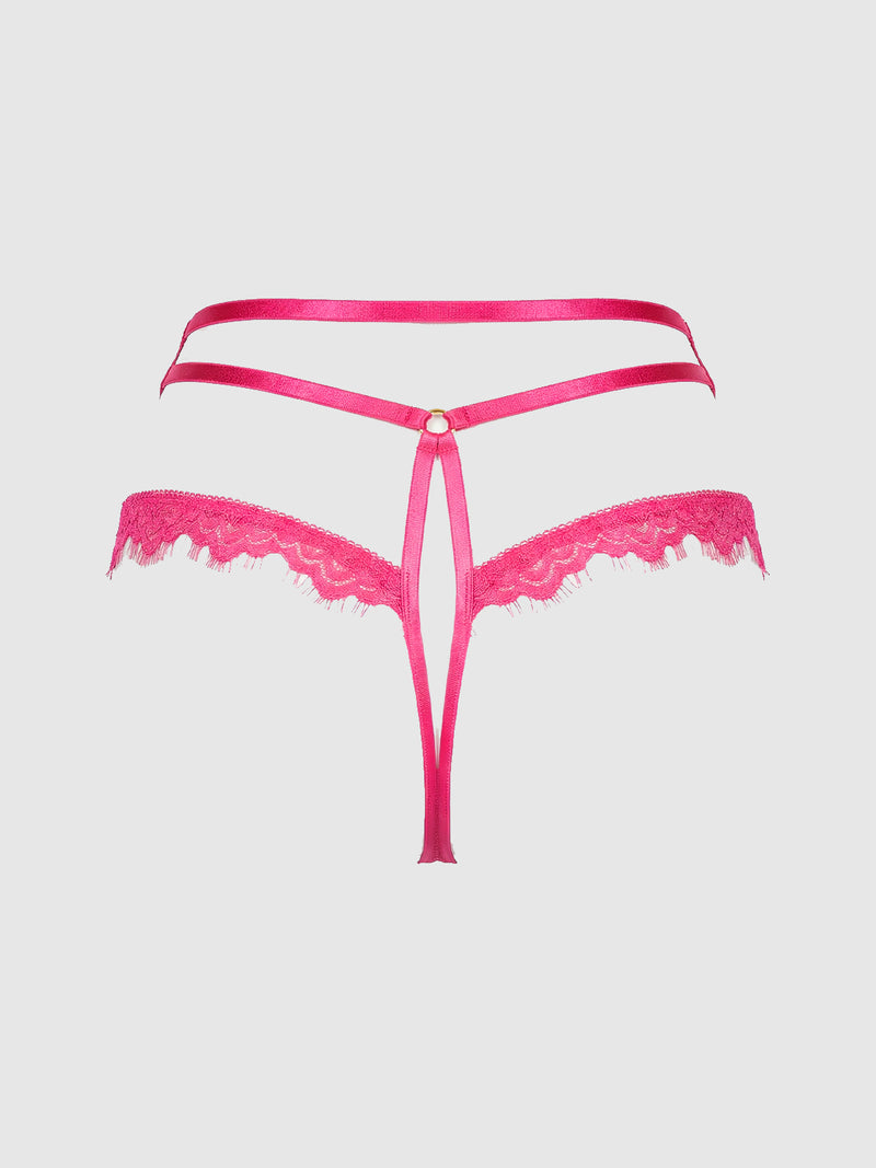 The Neev Lace & Oilslick Strappy Back Tanga by Frederick's of Hollywood features pink lace trim, satin straps, and a gold ring detail at the front, shown against a light gray background.