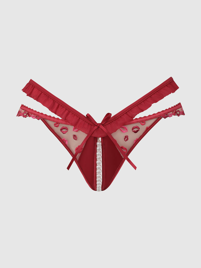 Angelica Lips Embroidery Pearl & Crotchless Bikini - Frederick's of Hollywood