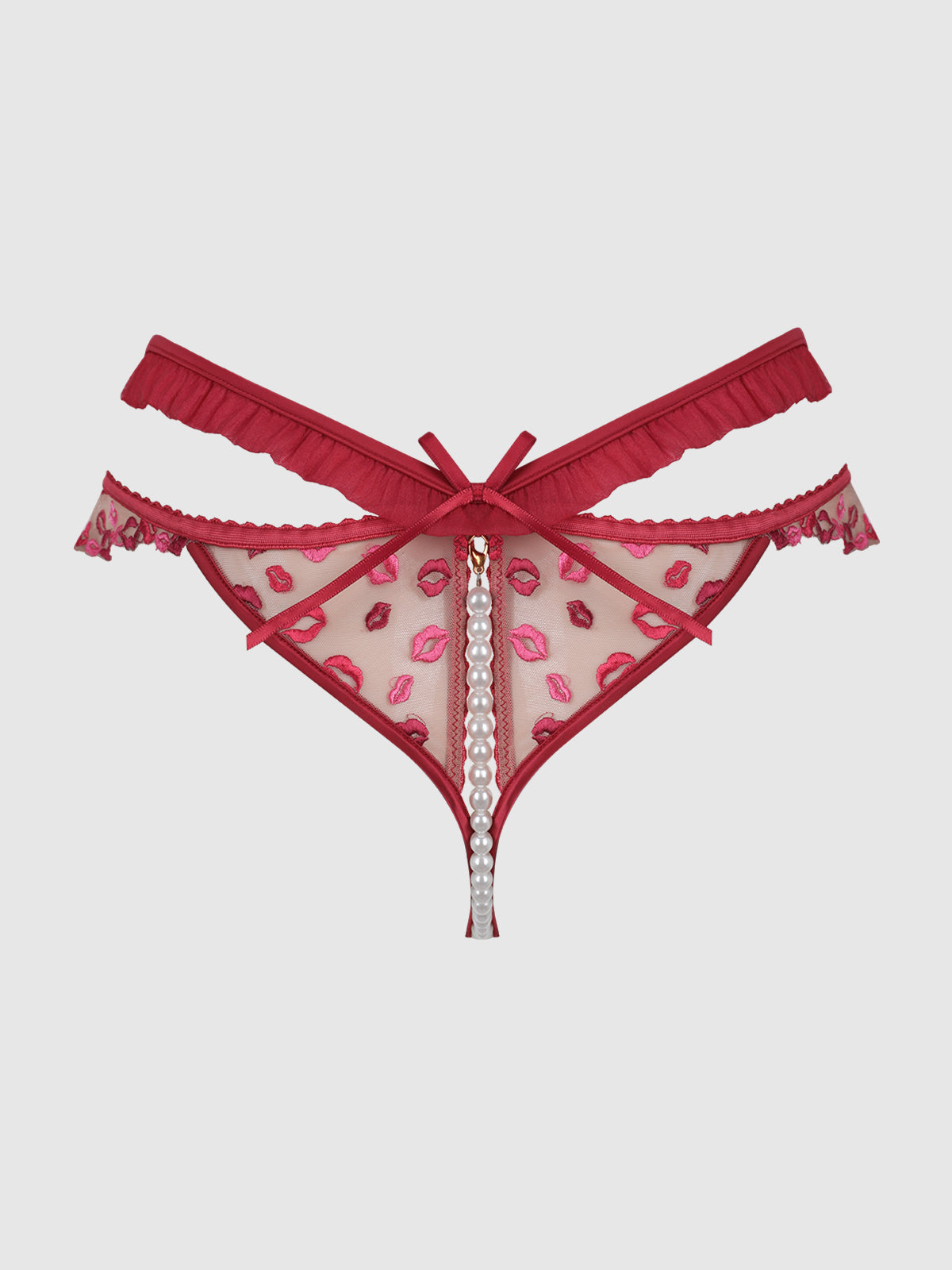 Angelica Lips Embroidery Pearl & Crotchless Bikini - Frederick's of Hollywood