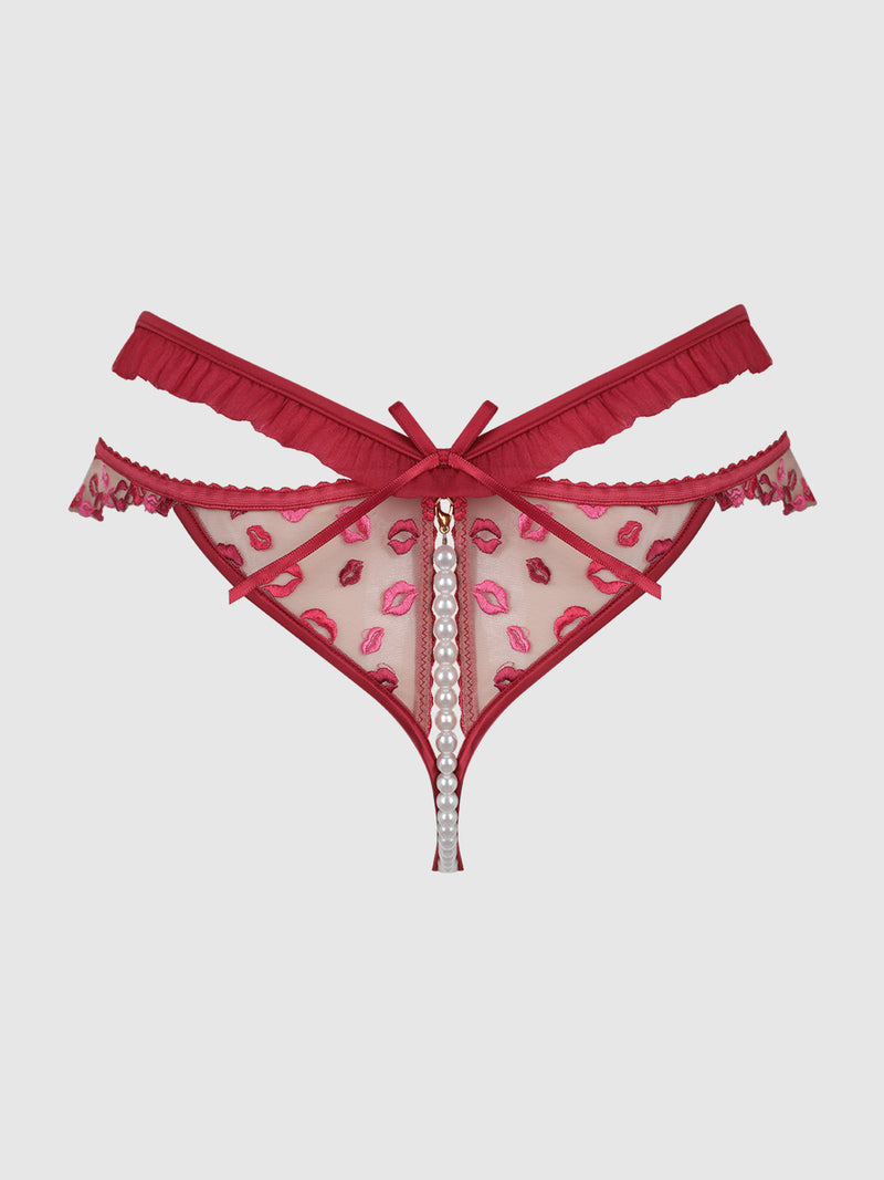 Angelica Lips Embroidery Pearl & Crotchless Bikini - Frederick's of Hollywood