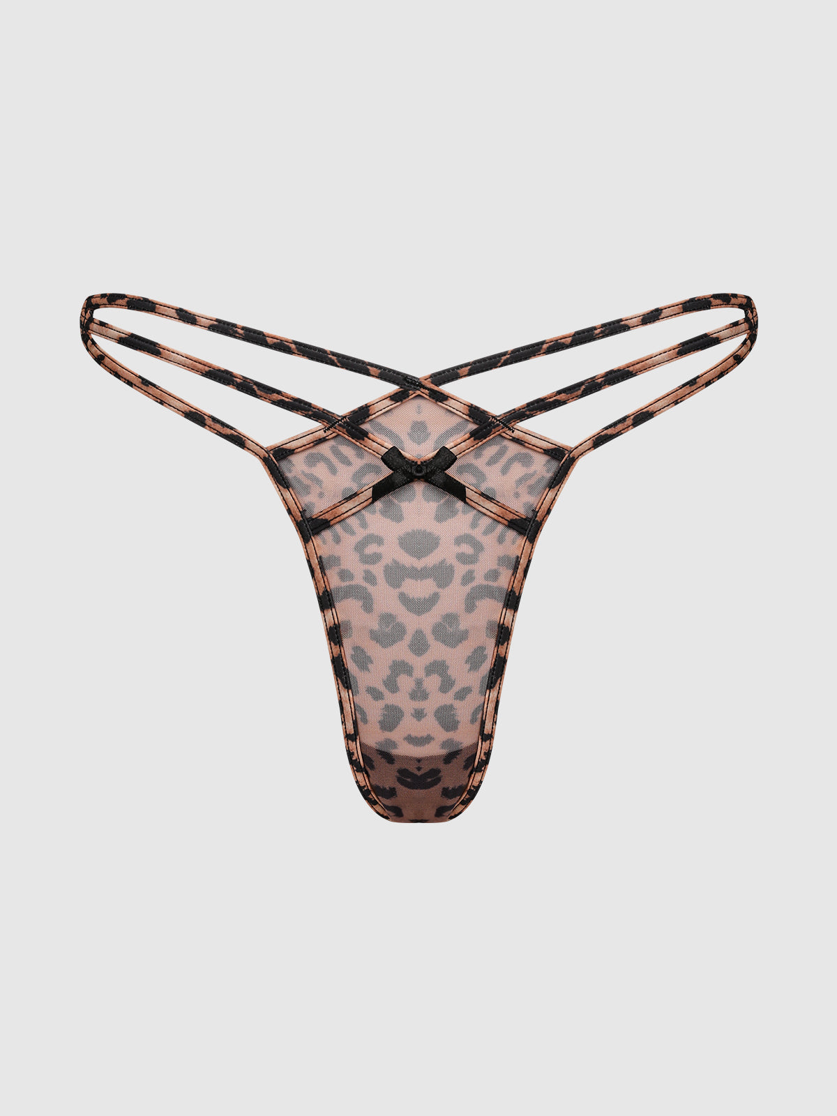 The Kaia Leopard Mesh Strappy & Backless Hipster by Frederick's of Hollywood features a sheer leopard print, double side straps, and a small black bow at the center front, shown on a plain white background.