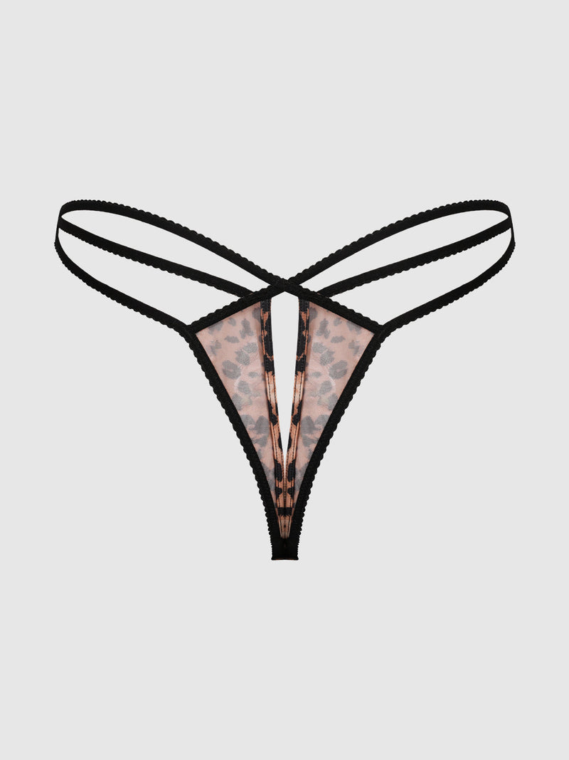 Frederick's of Hollywood Kaia Leopard Mesh Strappy & Backless Hipster features a leopard mesh front and black double waistband straps, shown against a plain white background.