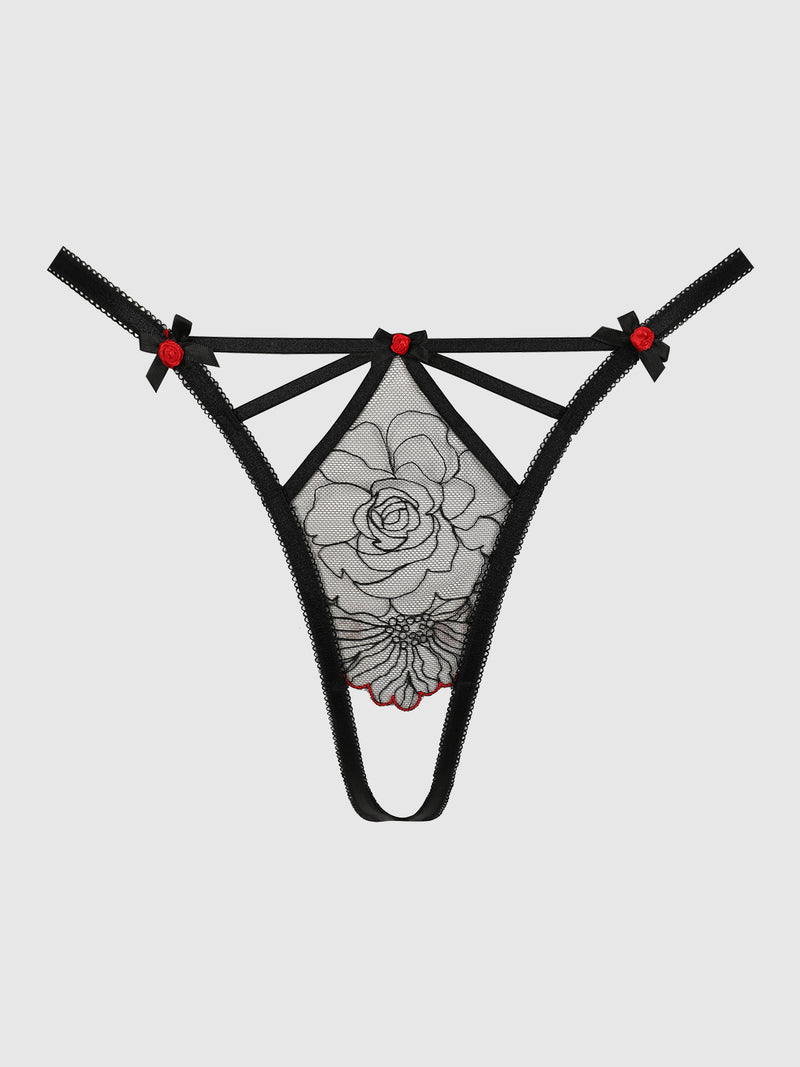 Ilaria Embroidered Tulle Crotchless & Open Back Bikini in black tulle with a rose panel, strappy cut-out details, small red bows, and an open back.