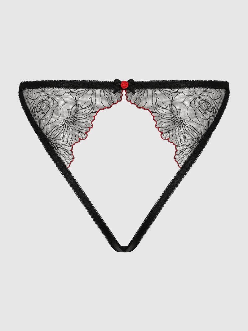 Black embroidered tulle Ilaria Embroidered Tulle Crotchless & Open Back Bikini with red trim and a small red rose at the waistband.