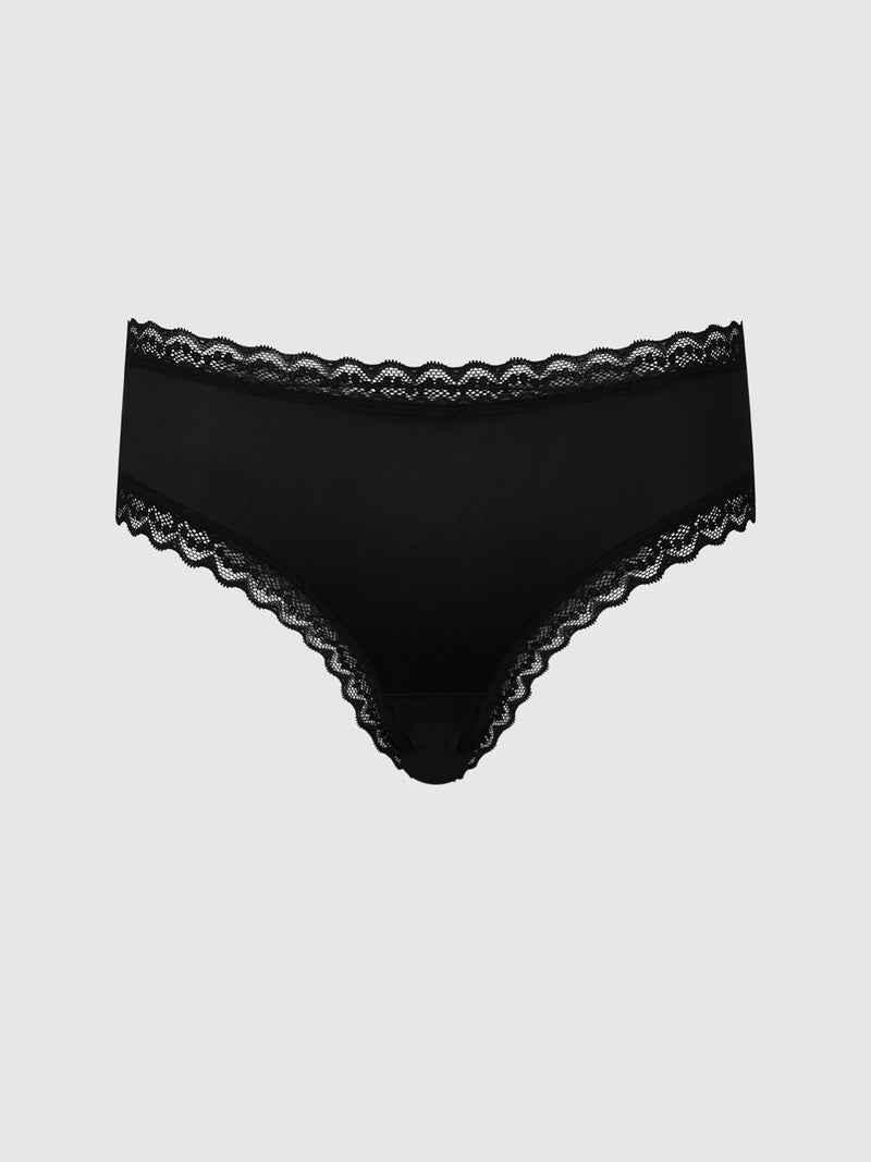 Frederick’s of Hollywood Daphne Satin & Lace Open Back Hipster for women, featuring black satin fabric with lace trim along the waistband and leg openings, displayed on a plain light gray background.