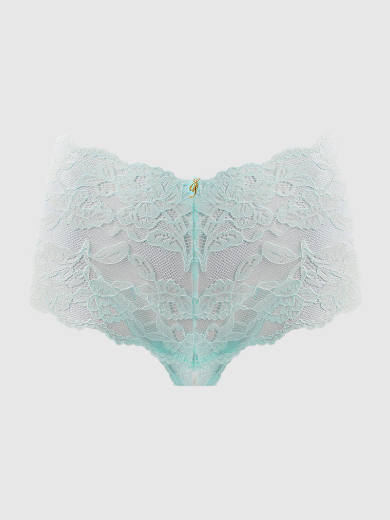 The Mabel Crotchless Lace Up Back Cheeky by Frederick's of Hollywood features high-waisted, aqua blue floral lace with a cheeky cut and a small gold charm at the waistband, shown on a plain light background.