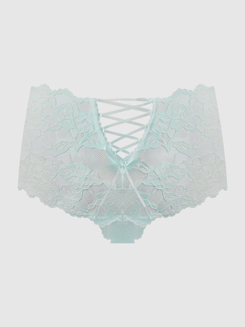 The Mabel Crotchless Lace Up Back Cheeky by Frederick's of Hollywood features light blue floral lace and a crisscross ribbon detail on the front, shown against a plain white background.