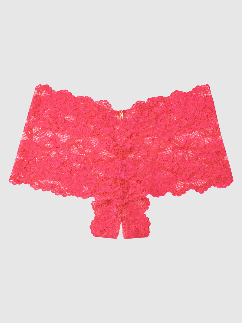 Hot pink Mabel Crotchless Lace Up Back Cheeky panties with a lace-up detail on the back.